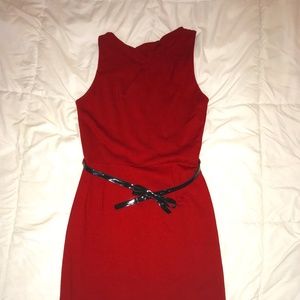 Mango Knee Length Red Dress with Black Belt - Medium